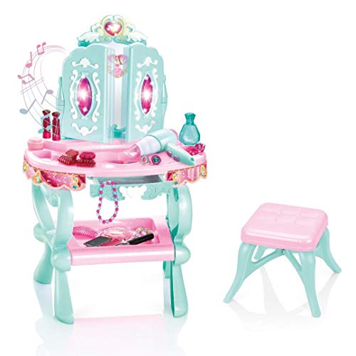 Pretend Play Kids Vanity Table and Chair Beauty Mirror and Accesories Play Set with Fashion & Makeup Accessories for Girls