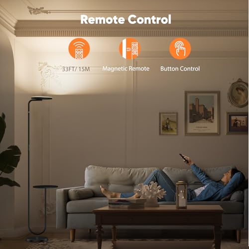 Image of SIBRILLE 36W LED Floor Lamp with Table, Super Bright Standing Lamp, Modern Stepless Dimmable Torchiere Tall Lamp with Remote Control, 350Rotating Head Floor Lamp for Living Room, Bedroom, Office