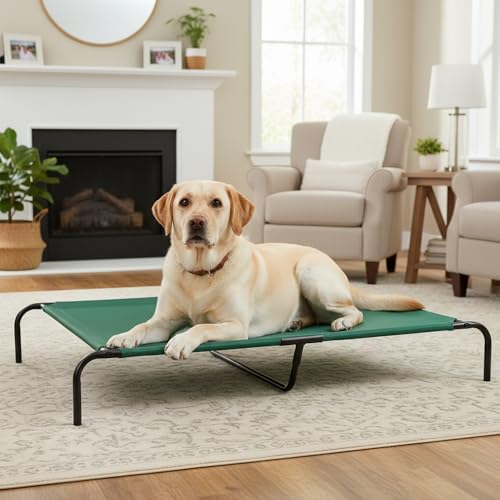 Image of Amazon Basics Cooling Breathable Elevated Dog Bed with Durable Metal Frame for Large Dogs, X-Large, 60 x 37 x 9 Inch, Green, Easy to Clean