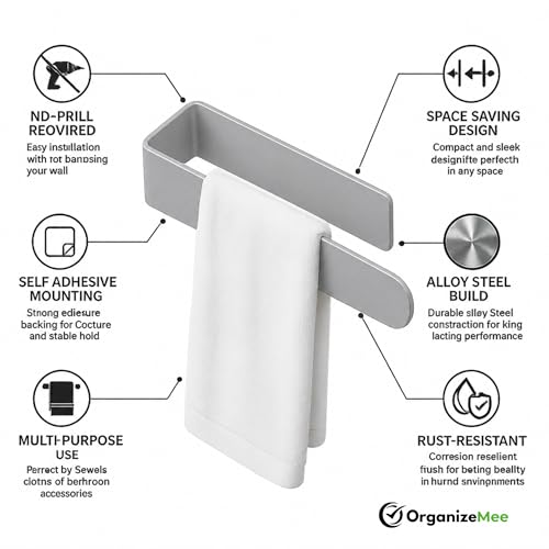 Image of OrganizeMee (Self Adhesive) Napkin & Towel Holder for Hand Basin Towels, Washbasin Bathroom Hanger, Kitchen Sink Napkin Holder Accessories Rack Stand Without Drilling Cloth Hangers (Grey)
