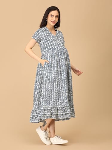 Image of The Mom Store Maternity and Nursing Dress | Pre and Post Pregnancy Dress | Zipper /Button Opening | Causal Wear | Trendy Stylish Dresses for New Moms