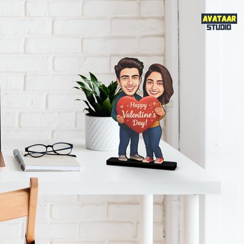 Image of Wood Rectangular Personalized Caricature Gift for Couple, 7 Inches, Tabletop Multicolor, Art Deco Style (LOVING COUPLE 1)