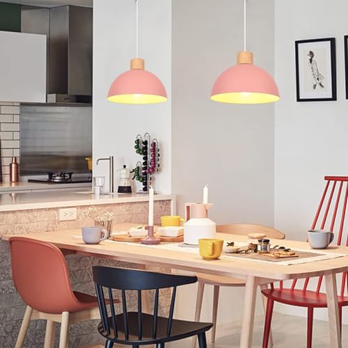 iDEGU Set of 2 Retro Pendant Light Fixtures E27 Ceiling Light Modern Scandinavian Style 25cm Hemisphere Hanging Lampshade Metal Wood Pendant Light for Bedroom Dining Room Kitchen Restaurant (Pink) - Image 2