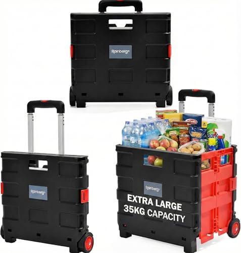 Rainberg Heavy Duty Folding Trolley Box Cart, Folding Shopping Trolley and Shopping Crate, Folding Boot Cart, Extra Large Size, Folds Flat, Capacity 35kg (Extra Large)