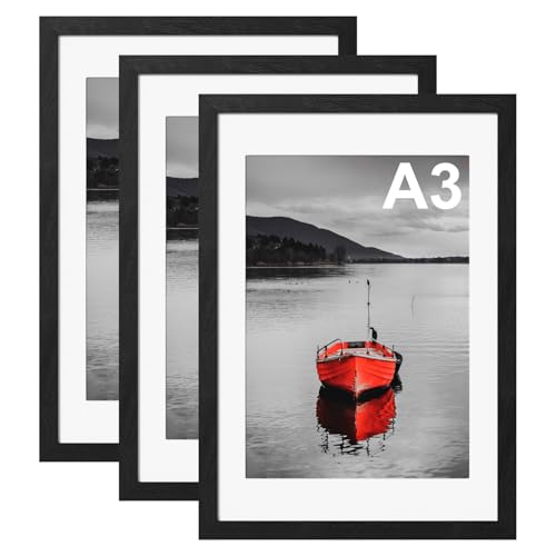 A3 Picture Frame with A4 Mount 3 Pack 29.7x42cm Black Wooden Photo Frames
