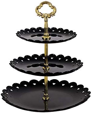 Black Round Plate 3 Tiered Serving Stand Tray Cake Stands Cupcake Holder Dessert Stand Table Decorations for Party Kids Birthday Tea Party Baby Shower