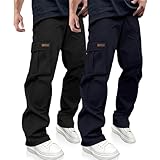 PLEPAN Mens Casual Cargo Pants Drawstring Hiking Workout Tactical Joggers Sweatpants for Men with Pockets, Black & Blue, XL