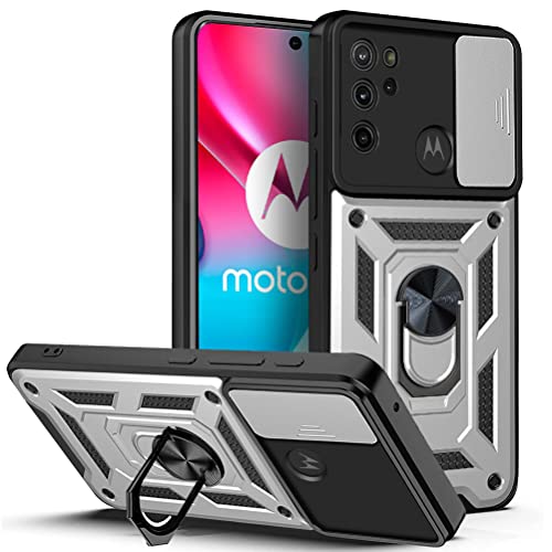 JayModCase Funda para Motorola Moto G60S Carcasa con Protección Militar Antigolpes, Cubierta de Cámara Deslizante y Soporte de Anillo Giratorio 360° Case for Moto G60S - Plateado