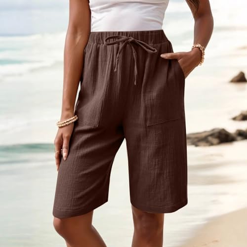 Linen Capri Pants for Women Lightweight Elastic Waist Capris with Pockets Drawstring Knee Length Summer Beach Shorts4
