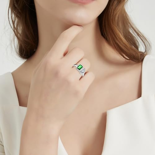 Toi Et Moi Ring 925 Sterling Silver Emerald/Aquamarine Engagement Ring For Women 6x8mm Double Stone Ring Emerald Shape & Pear Cut Cubic Zirconia Wedding Ring Width Band 1.9mm Size 5-94