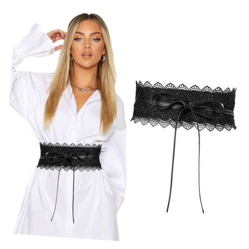 Lace Waist Belt Wide Band Corset Cinch for Women Adjustable Bowknot Tie Fashion Accessory for Dresses Prom Party and Casual Wear Black