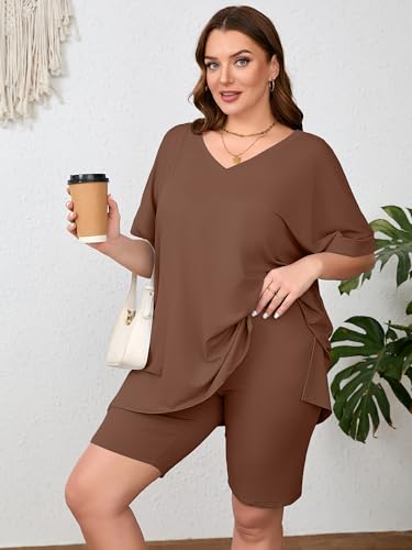 Image of AusLook Women's Plus Size 2 Piece Short Outfits Set Short Sleeve Tops and Shorts Pants Lounge Jogging outfits Matching Set