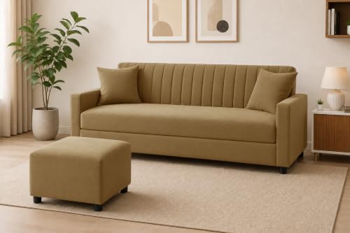 Image of Modern 3-Seater Velvet Sofa with Ottoman| Vertical Channel Tufted Backrest | Comfortable Living Room Sofa | Contemporary Furniture for Home, Bedroom & Office | Golden