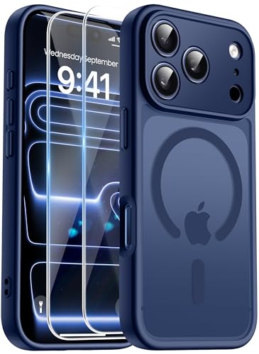 FLLAO Funda para iPhone 17 Pro, Compatible MagSafe, con 2 Piezas Protector de Pantalla Cristal Templado, [Protección de Cámara] Magnética Carcasa Translúcida Mate Trasera Fina Antigolpes, Azul Navy