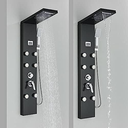 LED Light Shower Panel Tower Rainfall Waterfall Shower Head with Massager Jets Body System Jet-Black A,Black G miniatura 2