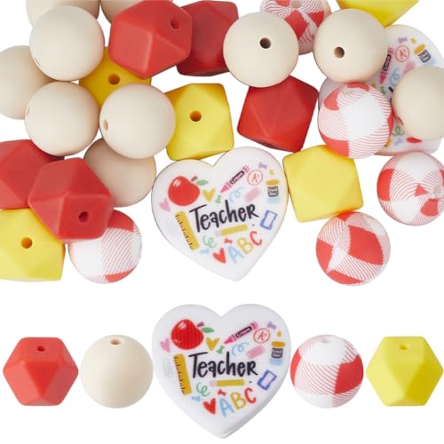 SUNNYCLUE 1 Box 27Pcs 15mm Teacher Silicone Beads Rubber Beads Bulk Soft Characters Back to School Hexagon Round Loose Spacer Focal Bead for Keychain Making Pens Lanyards jewellery Bracelet DIY Craft