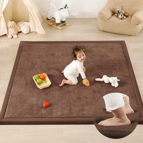 Image of PaPaMat 1.3" Thick Baby Play Mat for Floor Playpen, 71x79 Large Foam Tummy Time Mat, Padded Support Soft Plush Nursery Rug for Infant Kids Toddler Crawling Kick Activity (Chocolate Brown)