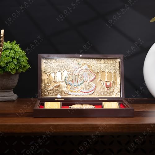 Image of Idolkart Radha Krishna Pocket Temple 24 Karat Gold Coated - Radhakrishna Photo Frames, Gift, Pooja Box Crafted from Wood | for Wealth, Prosperity & Vastu Benefits - Housewarming Gift - 4x8