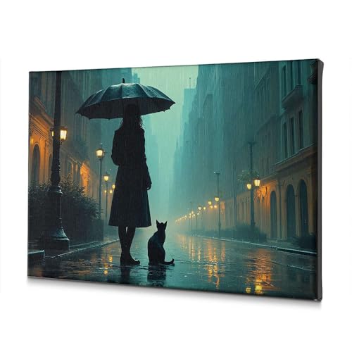 Toile décorative haut de gamme peinture de pluie et chat noir pour salon élégant