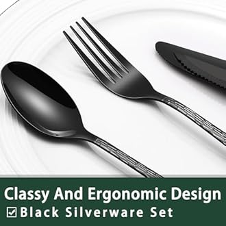 EWFEN 24-Piece Black Silverware Set with Steak Knives, Black Flatware Set for 4, Food-Grade Stainless Steel Tableware Cutlery Set, Mirror Finished Utensil Sets for Home Restaurant, Tree Pattern