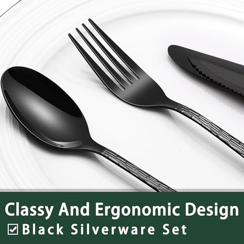 EWFEN 24-Piece Black Silverware Set with Steak Knives, Black Flatware Set for 4, Food-Grade Stainless Steel Tableware Cutlery Set, Mirror Finished Utensil Sets for Home Restaurant, Tree Pattern