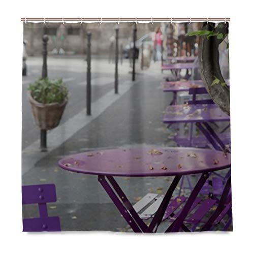 ZANSENG Rideau de Douche Violet Tables Chaises Terrasse Feuilles Tombant avec Crochets Impression Polyester Rideau de Bain Décoratif Accessoires de Salle de Bain Moderne 72" x 72" Cover