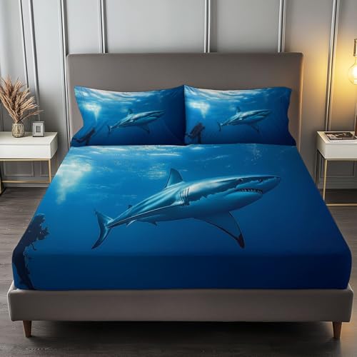 Fitted Sheet Full Size Bedding Set for Kids Girls Women Men Room Decor, Soft Microfiber & Deep Pocket & Wrinkle Free Nature Shark Bedding Sheets, Blue