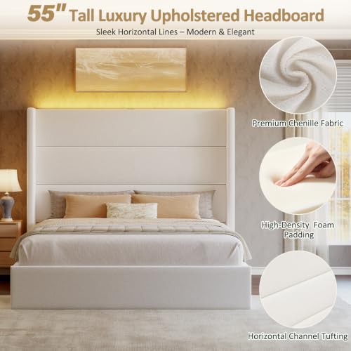 Queen Size Bed Frame with Large Storage Drawer and 55 Tall Wingback Headboard - Image 5