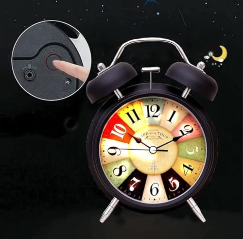 Image of Vintage Twin Bell Alarm Clock, Classic Retro Metal Table Clock, Roman Numeral Analog, Battery Operated, Antique Style, for Bedroom, Bedside, Office, Two Colour Bronze & Copper (Black)