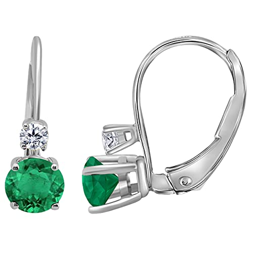 AoneJewelry Emerald & White Diamond Leverback Earring for Women| 14K White Gold 1.10 Carat 4 Stone Round Cut Prong Setting Genuine Diamond Wedding Jewelry Collection
