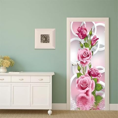 FLFK 3D Circle Rose Flower Door Sticker Cover