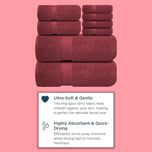 Image of Sulfar 100% Combed Cotton, 8 Pcs Towel Set - 2 Bath Towels (70 x 140 cm), 2 Hand Towels (40 x 70 cm) and 4 Face Towel (30 x 30 cm) (600 GSM, Pack of 8) Red Wine