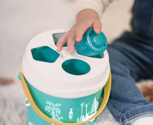 Image of Miniland Feel to Learn Turquoise Shape Sorting Bucket for Children from 1 to 2 Years. 16 Multicolored Pieces with Different Shapes. Made in Spain with ECO Materials