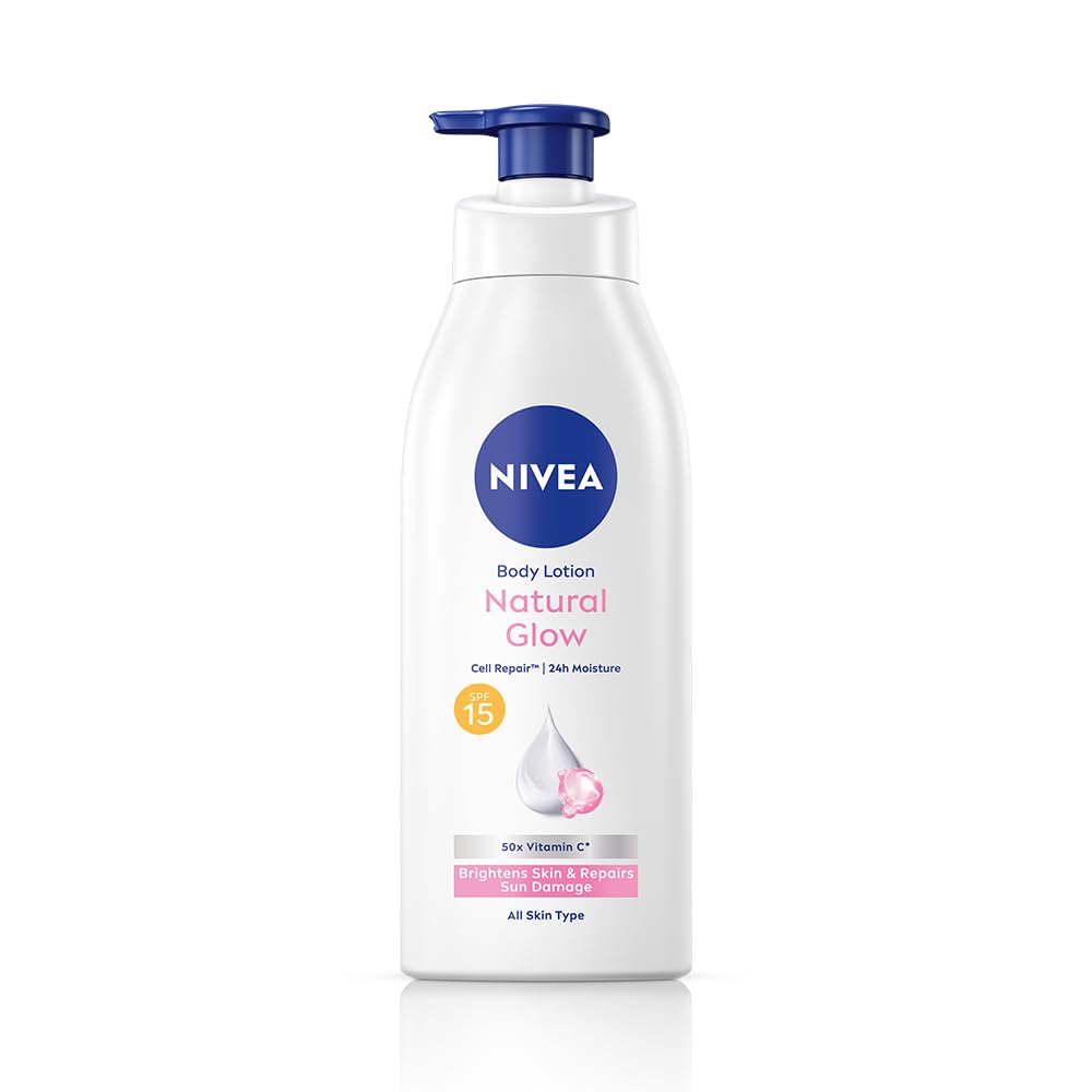 NIVEA Body Lotion Natural Glow, Cell Repair with UVA/UVB filters and SPF 15 | 50X Vitamin C for Even Skin Tone| Light MOISTURISING, non-greasy formula with an instant cooling sensation| Gives Glowing Skin - For Men & Women | 400 ml