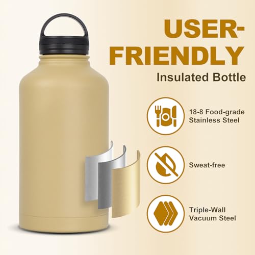 Image of Half Gallon Water Bottle with Straw - 64 oz Stainless Steel Insulated Water Jug, Sport Bottle with 3 BPA Free Lids, Paracord Handle, Strap, Molle System for Outdoor Gym Hiking - Khaki