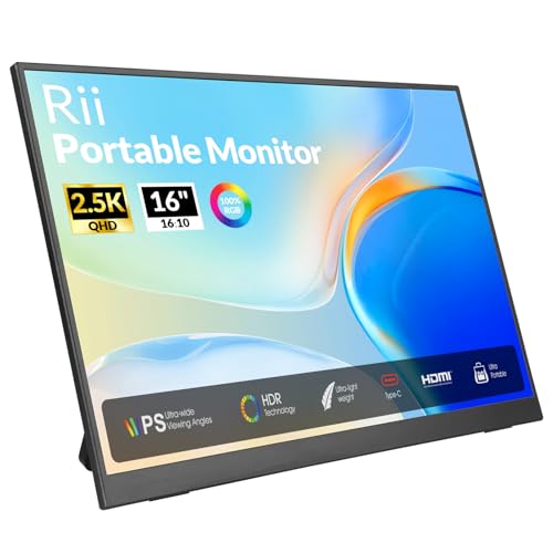 Image of Rii Portable Monitor, 16 Inch 144Hz QHD 2.5K 2560X1600 100% sRGB, Ultra-Slim Lightweight External Display with Speaker, USB-C HDMI Second Screen for Laptop MacBook Xbox Switch PS4 /5, VESA Mountable