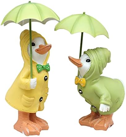 2 Pcs Garden Ducks Statues, Pair of Cute Little Ducks with Umbrella Garden Resin Ornament Garden Duck Outdoor Decoration Gardening Layout Courtyard for Patio, Lawn, Garden, Balcony