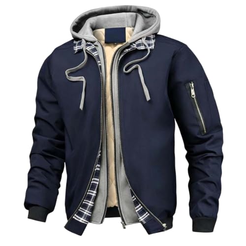TERGHTP Bomber Jacket Men Fake Two Piece Zipper Hooded Windbreaker Jackets - image 2