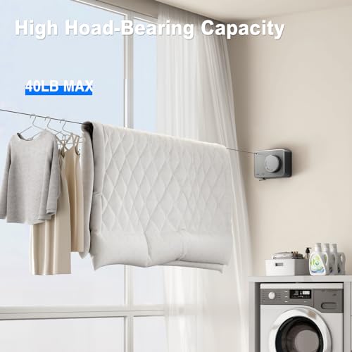 Image of MUSTORN Retractable Clothesline Indoor, Non-Sagging Outdoor Clothes Line Retracting Heavy Duty Clothes Drying Laundry Line Wall Mounted Stainless Steel Line-13.8 Feets(Gray)