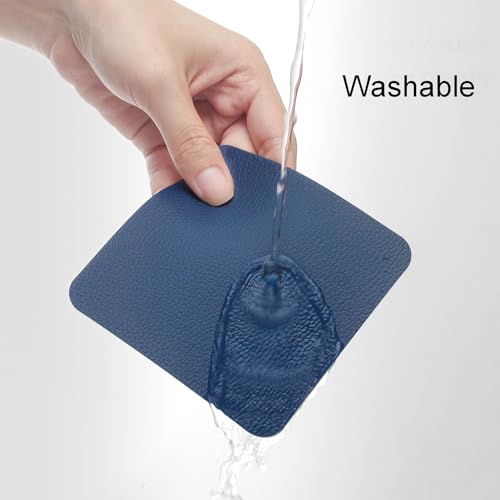 Myir JUN Coasters Glass Coasters set of 12 4 inch Double Sided Faux Leather Coaster Waterproof Non-slip Easy to Clean with Coaster Holder(Light Gray Blue) - Image 2