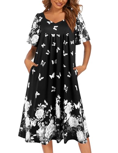Image of Ekouaer Women's House Dress - Pleated Nightgown with Short Sleeves & Pockets