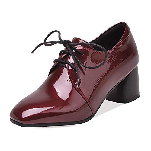 VOKLIN Women's Square Toe Lace Up Pump Oxford Patent Leather Chunky Mid Block Heel Western Dress Loafer Shoes