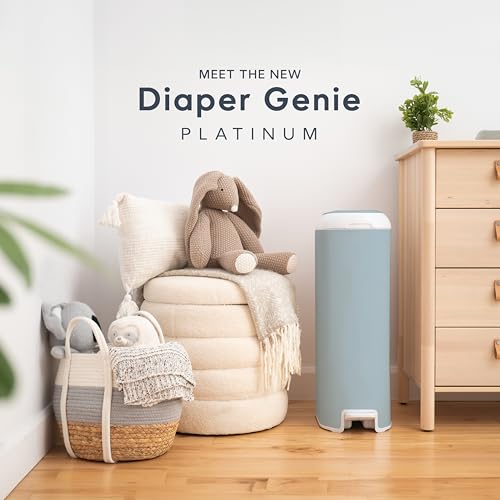 Image of Diaper Genie Platinum Pail (Glacial Blue) is Made in Durable Stainless Steel and Includes 1 Easy Roll Refill with 18 Bags That can Last up to 5 Months.
