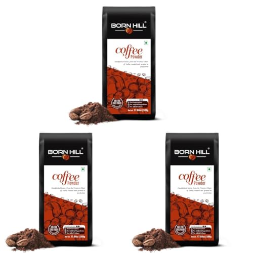 Image of BORN HILL Coffee Powder 500 Gram|Aromatic & Strong Filter Coffee Blend|Perfect For Moka Pots & Coffee Machines|Freshly Roasted & Ground|Medium Roast|0% Chicory, Packet (Pack of 3)