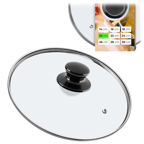KADAX Couvercle en verre Ø 20 cm pour casseroles et poêles, avec trou vapeur intégré et poignée noire brillante, pour surveiller la cuisson sans interrompre le processus