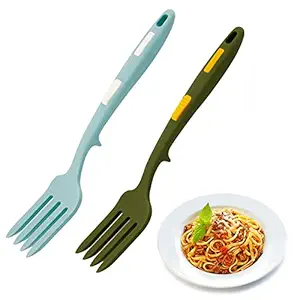 2PCS Silicone Flexible Fork, Heat-Resistant Cooking Fork Tools Dishwasher Safe Kitchen Fork Kitchen Non Stick Fork for Bake and Stir Mix Ingredients, Whisk Eggs (Lake Blue, Brown Green)