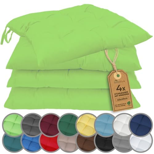 NatureMark 4er Set Stuhlkissen mit Bändern 40x40 cm – Gefüllte Sitzkissen, Outdoor & Indoor – Apfel grün