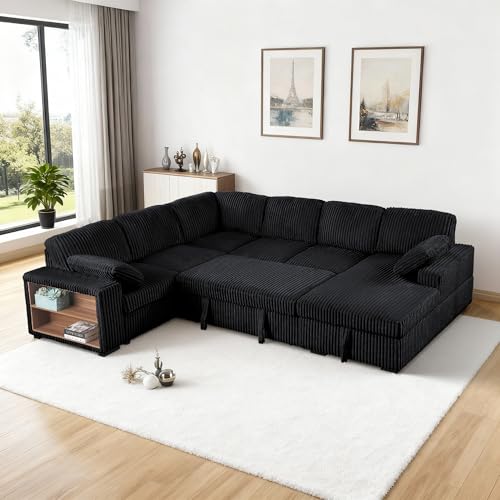 Image of ERYE 117-Inch Oversized U-Shaped Sleeper Sectional Sofabed, U Shaped Pull Out Sleeper Couch Corner Convertible Sectional Sofa Bed with Right Facing Storage Chaise for Living Room