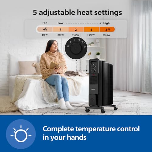 Image of PHILIPS 11 Fin Oil Filled Room Heater (OFR) | M-Shaped fins for faster, uniform heating | Two Knob Controls for temperature & heat modes | Tilt & Auto Shut-Off Safety | PTC Fan Heater for quick warmth