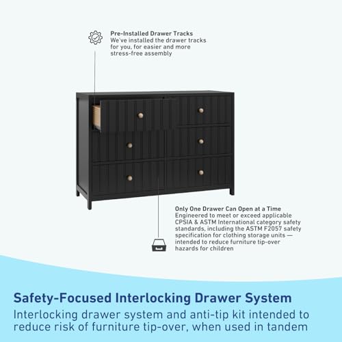 graco teddi 6 drawer double dresser black  greenguard gold certified interlocking drawer system pre-installed drawer tracks includes two sets of knobs for personalization